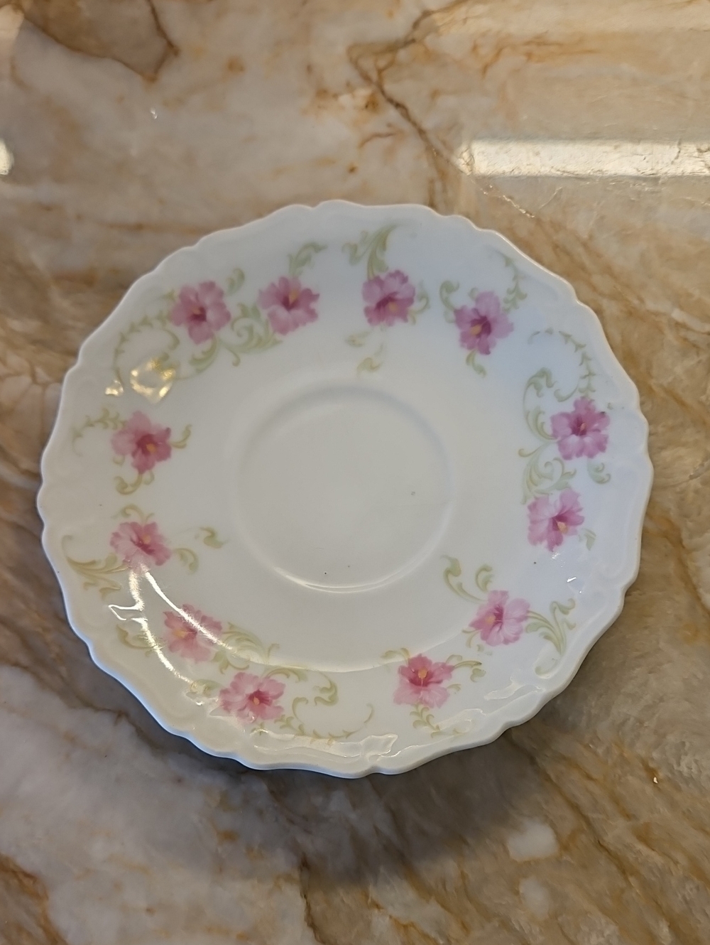 LIMOGES BASSIT Porcelain Saucer Plate with Pink Floral Pattern